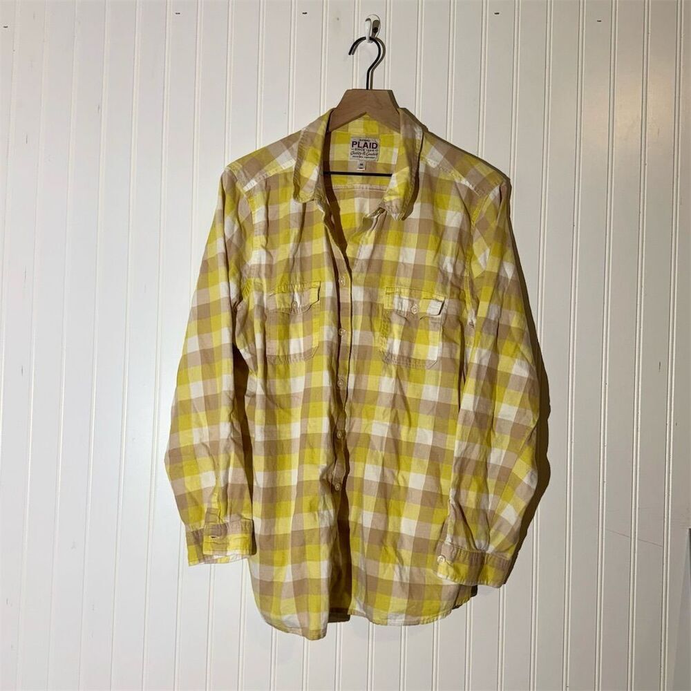 Old Navy Women’s XXL Yellow‎ Plaid Flannel Shirt 100% Cotton Long Sleeve
